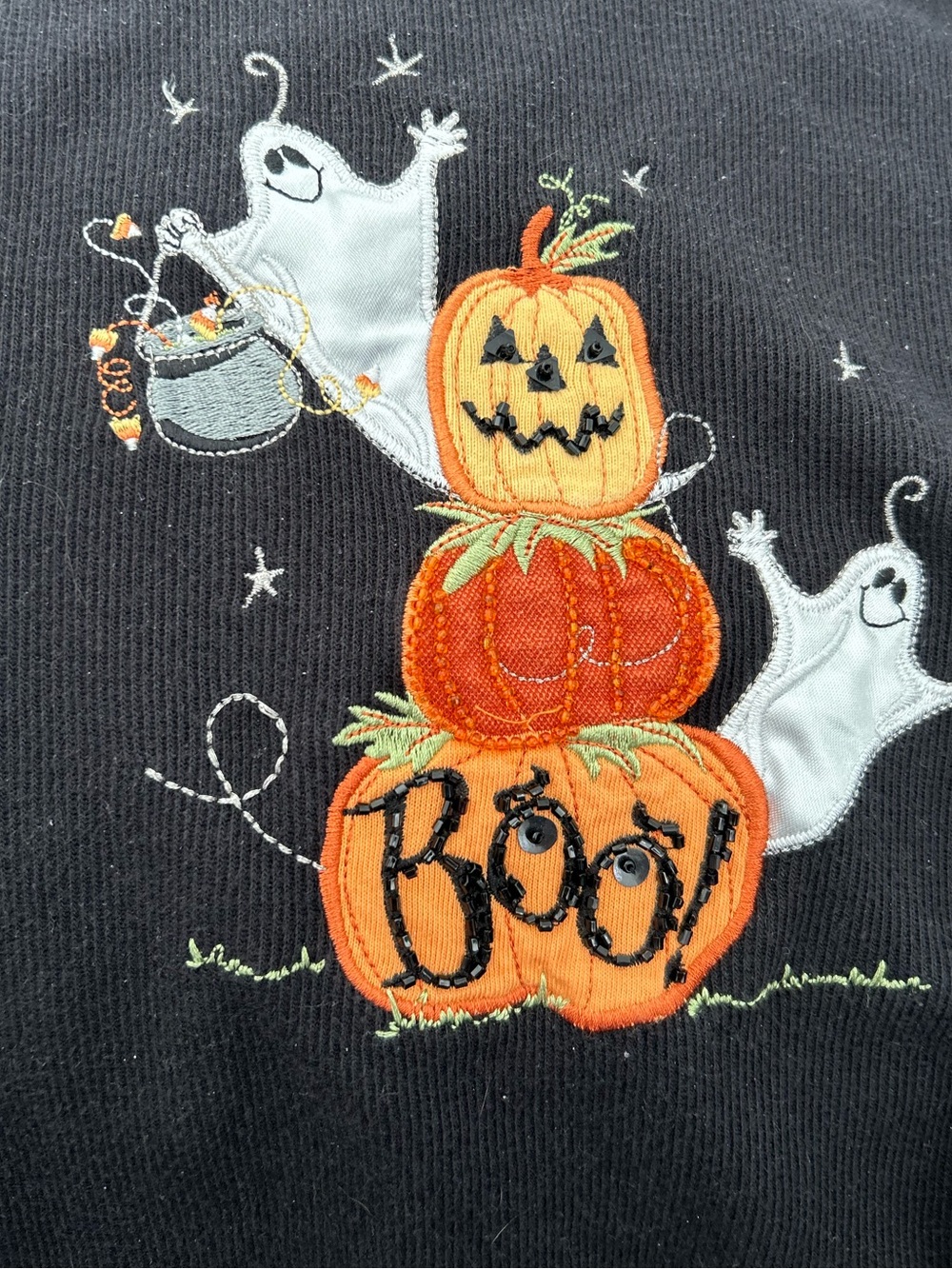 White Stag Black Halloween Pumpkin & Ghost Appliqué Top